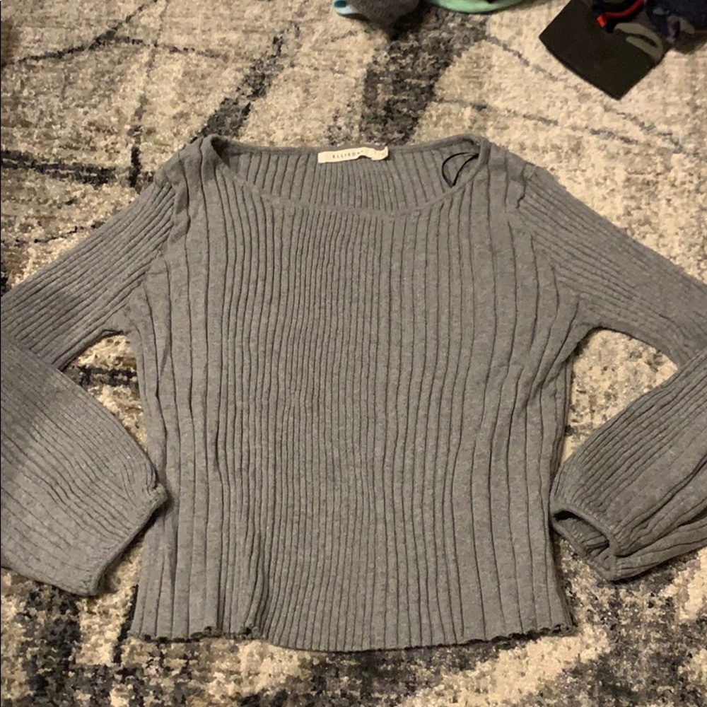 Grey Knit Blouse with Sleeve Puff Detail